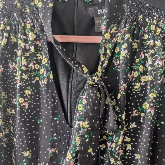 DKNY Floral-Print Tie-Neck Shift Dress Black Multi Size 14 - Picture 9 of 9